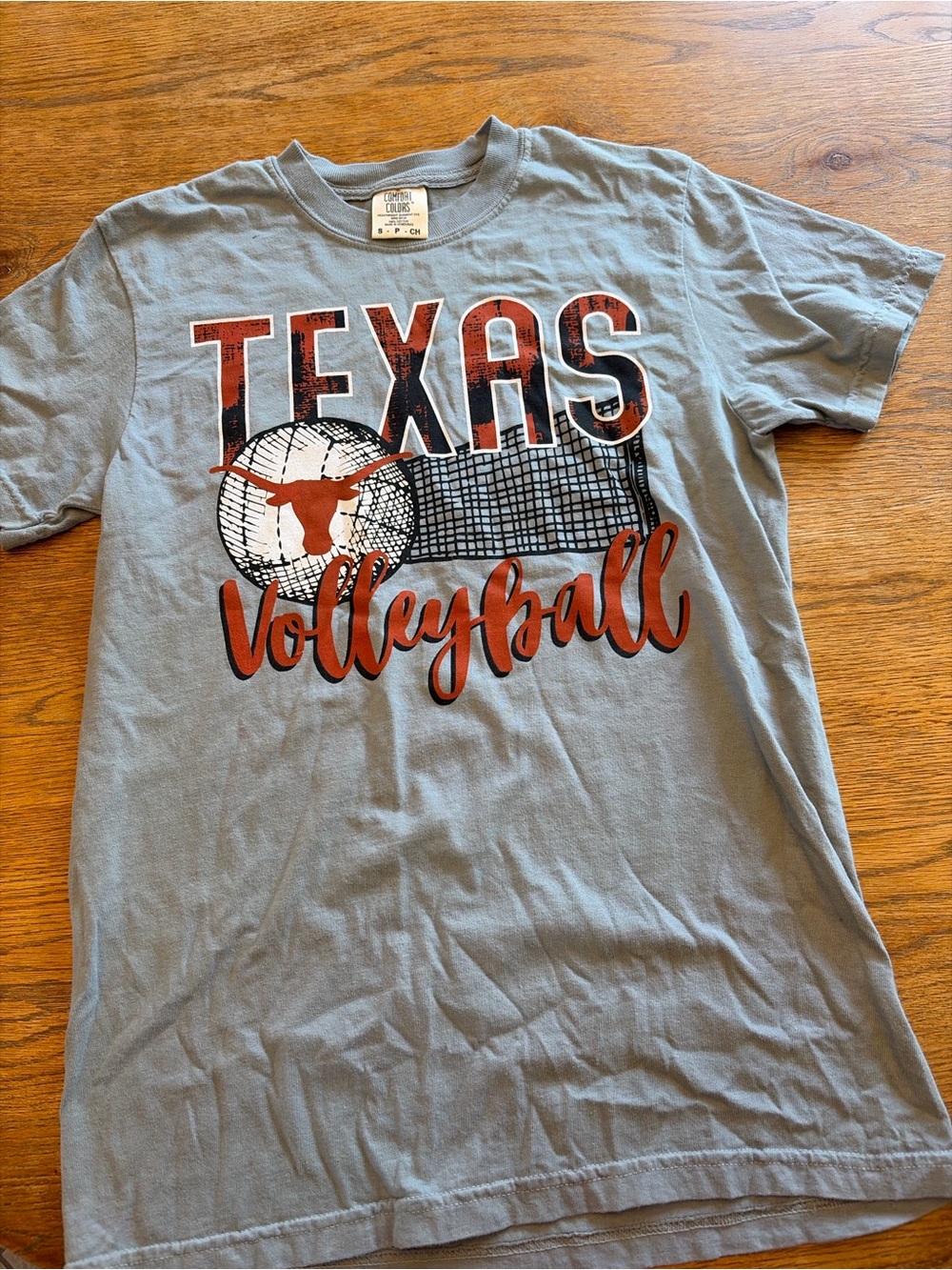 Comfort Colors Texas Volleyball Tee in Light Blue with Orange Accents